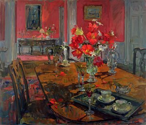 Tulips in a Red Dining Room by Susan Ryder
